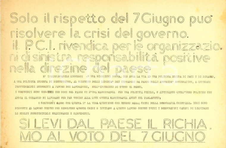 1954 GENOVA PROPAGANDA POLITICA PCI può risolvere crisi DC *Ciclostilato