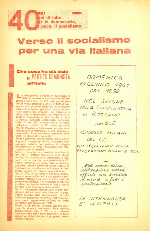 1961 ROZZANO (MI) PROPAGANDA POLITICA Giorgio MILANI sui 40 anni di attività PCI
