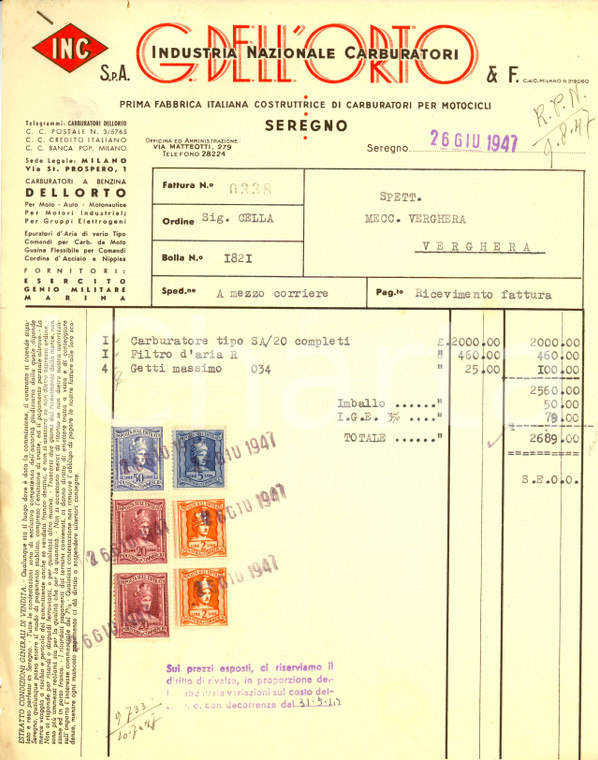 1947 SEREGNO (MB) Ditta DELL'ORTO Carburatori *Fattura Commerciale