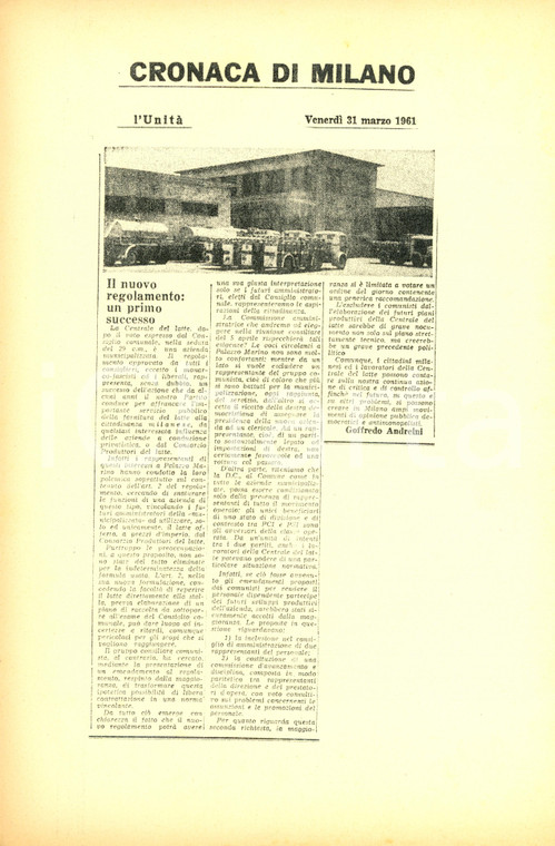 1961 MILANO L'UNITA' Centrale del Latte azienda municipalizzata - Volantino