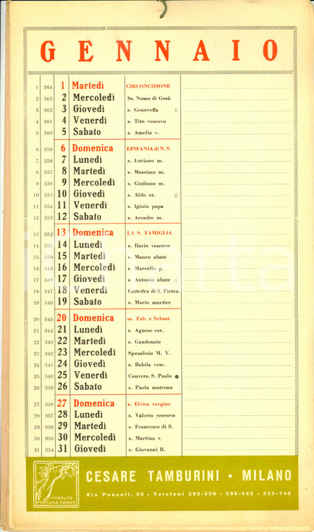 1963 MILANO Editore Cesare TAMBURINI Calendario da parete