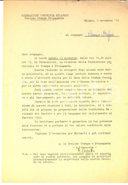 1954 MILANO Federazione COMUNISTA Invito a Stefano CANZIO Amicizia con l'URSS