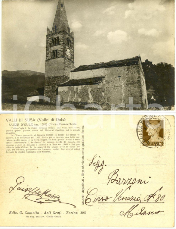 1928 SAUZE D'OULX (TO) Veduta chiesa parrocchiale *Cartolina postale FP VG