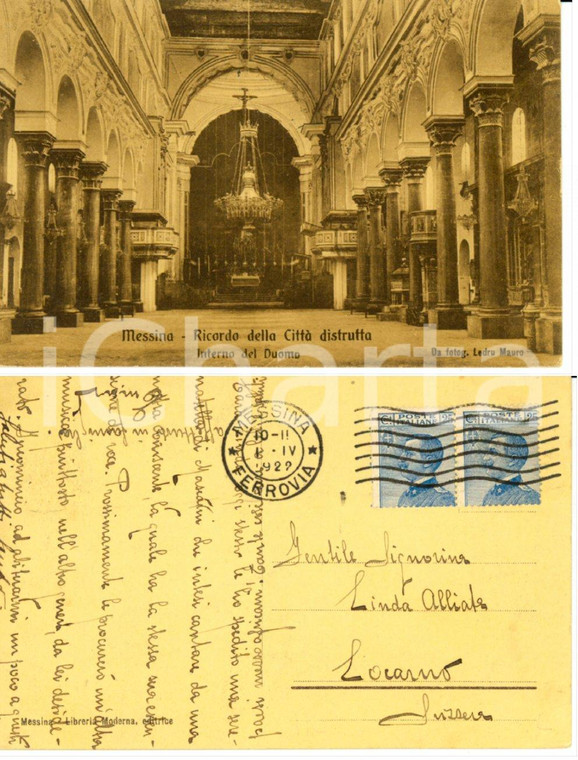 1922 MESSINA Interno del Duomo *Cartolina a Linda ALLIATA cantante LOCARNO