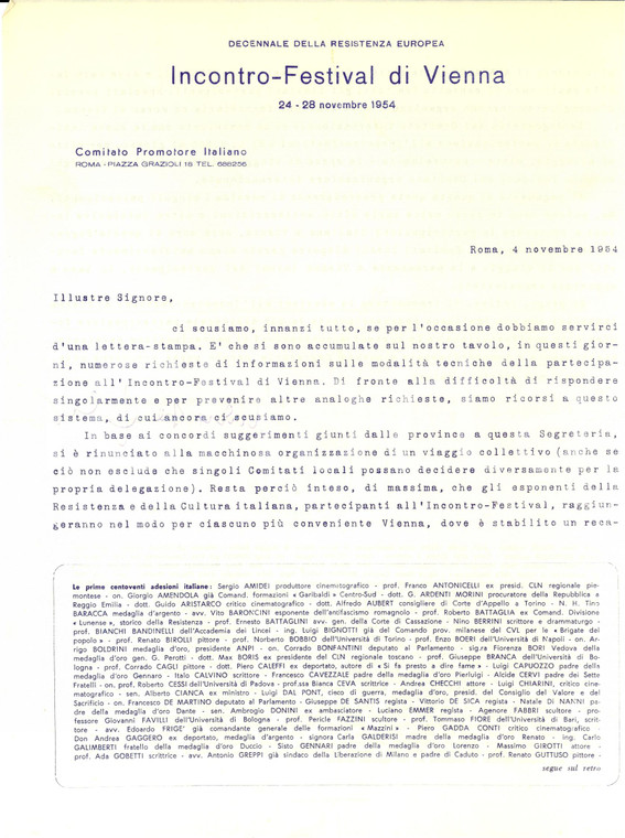 1954 ROMA Adesioni a Incontro-Festival di VIENNA - Decennale della RESISTENZA