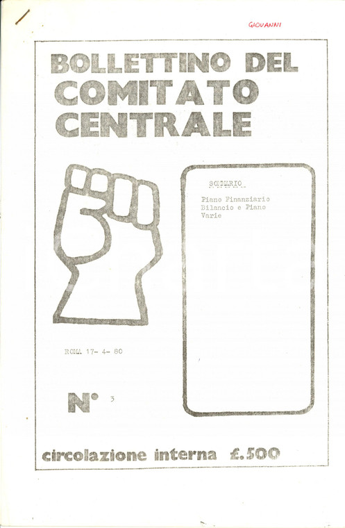 1980 LEGA SOCIALISTA RIVOLUZIONARIA Piano finanziario del Comitato Centrale