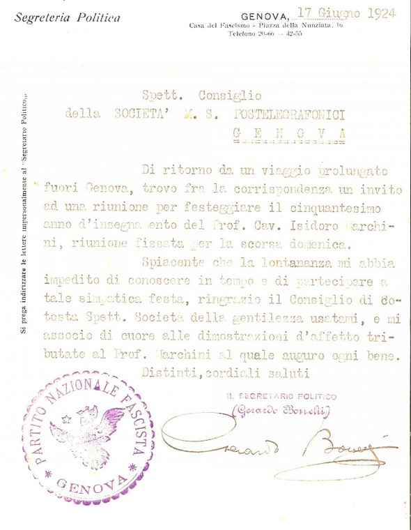1924 GENOVA Gerardo BONELLI su festa Società Postelegrafonici Isidoro MARCHINI