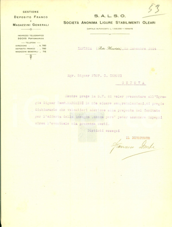 1924 IMPERIA PORTO MAURIZIO Francesco DANTE Direttore SALSO Stabilimenti Oleari