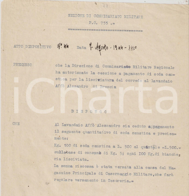 1944 BRESCIA RSI P.C. 755 Lavandaio Alessandro AFFO' riceve soda caustica Velina