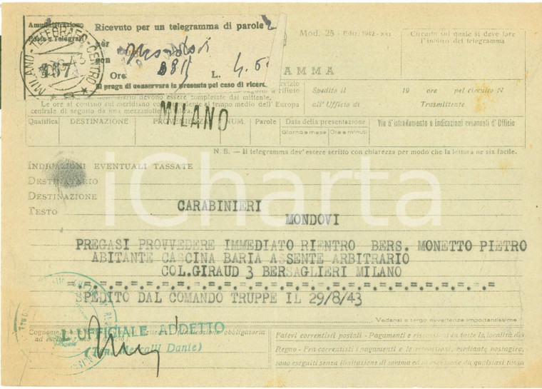 1943 MILANO Bersagliere Pietro MONETTO assente arbitrario Telegramma per rientro