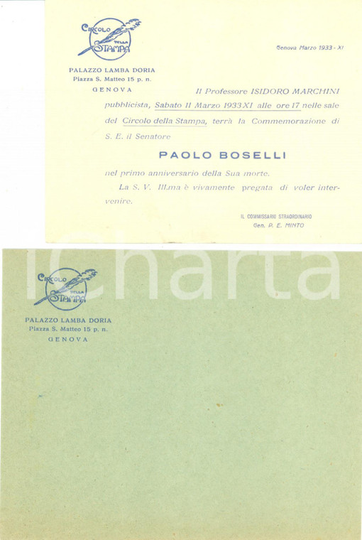 1933 GENOVA Circolo della Stampa Isidoro MARCHINI commemora Paolo BOSELLI