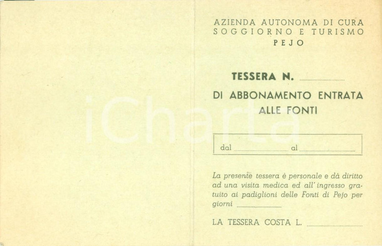 1950 ca PEIO (TN) Tessera abbonamento entrata a Fonti Termali