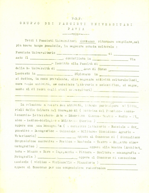1935 ca PAVIA P.N.F. Gruppo Universitario Manlio SONVICO Scheda bianca
