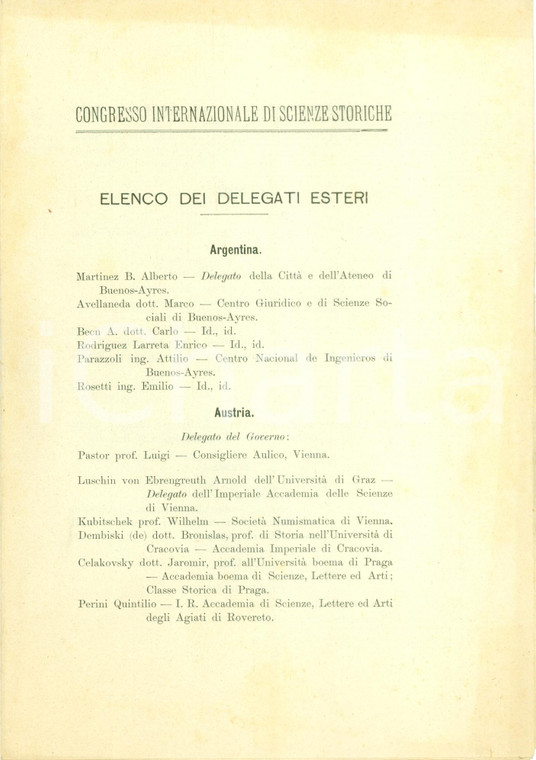 1903 ROMA Congresso Internazionale Scienze Storiche *Elenco delegati esteri