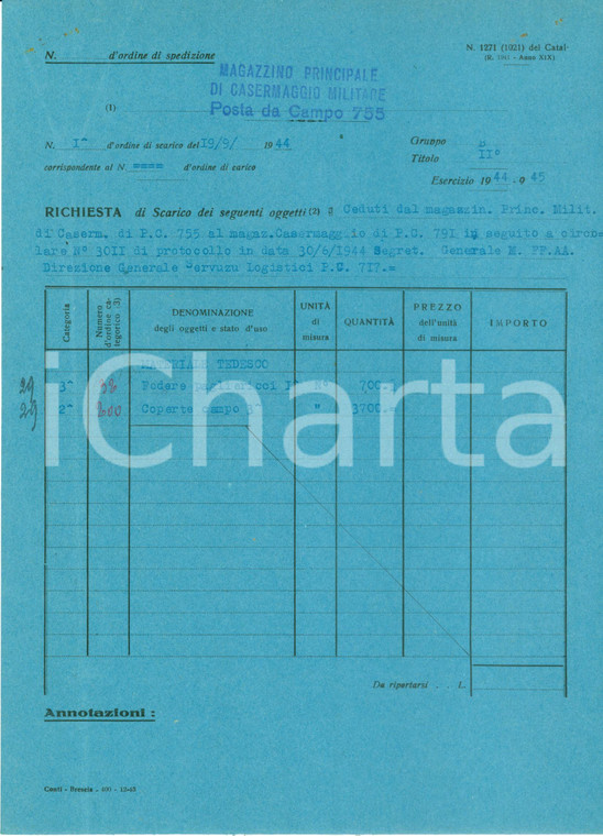 1944 BRESCIA P.d.C. 755 Consegna materiale tedesco a Posta da Campo MANTOVA