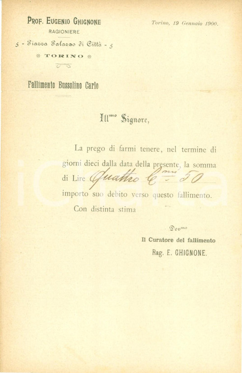 1900 TORINO Ragioniere Eugenio GHIGNONE su fallimento Carlo BUSSOLINI *Lettera