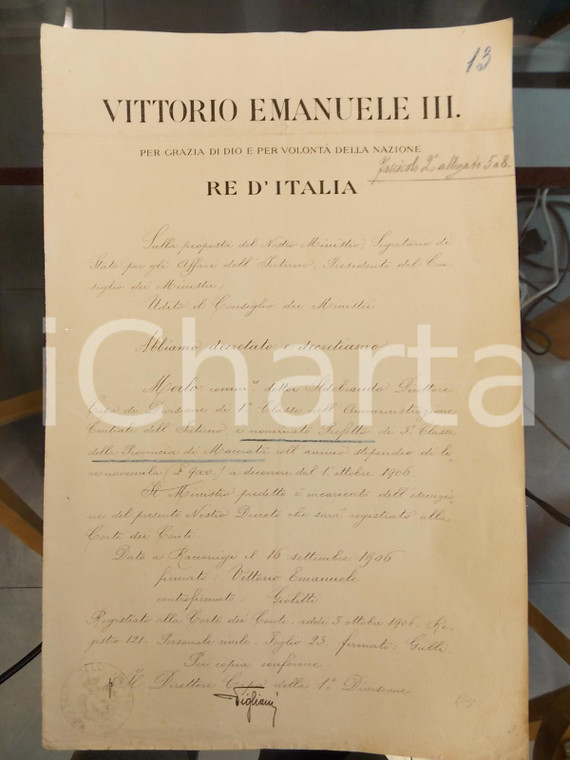 1906 RACCONIGI (CN) Ildebrando MERLO nominato Prefetto 3 classe di MACERATA