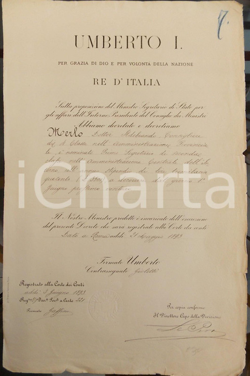 1893 ROMA Ildebrando MERLO segretario di seconda classe *Decreto promozione