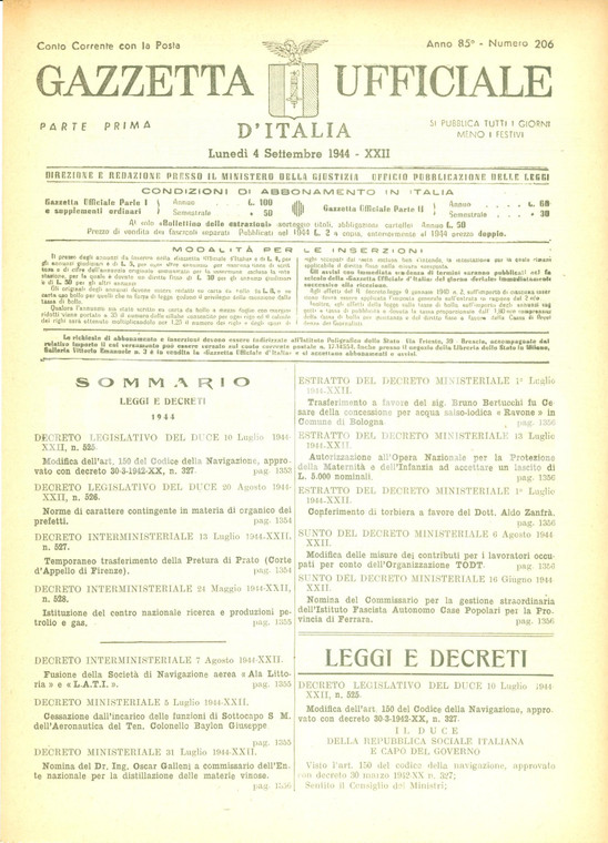 1944 GAZZETTA UFFICIALE RSI Istituzione centro nazionale ricerca petrolio e gas