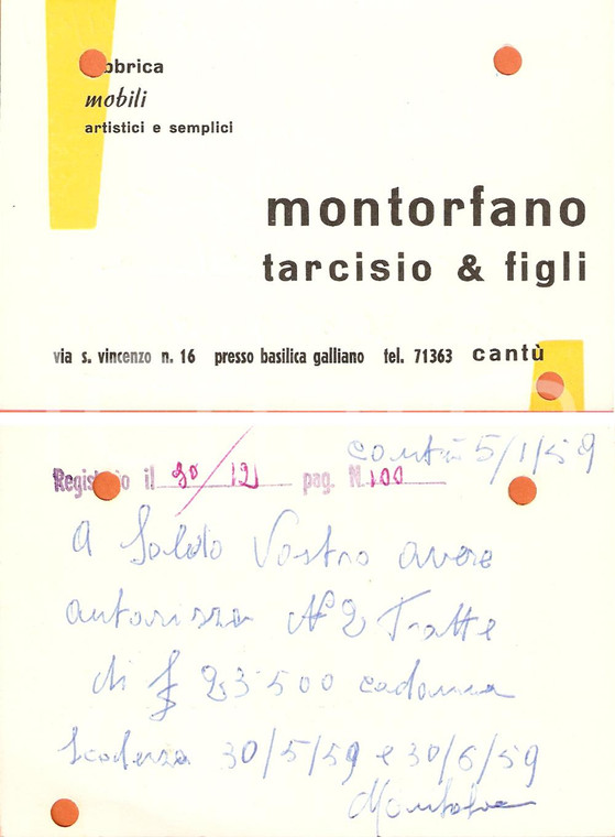 1959 CANTU' (CO) Tarcisio MONTORFANO e Figli Fabbrica mobili Biglietto da visita