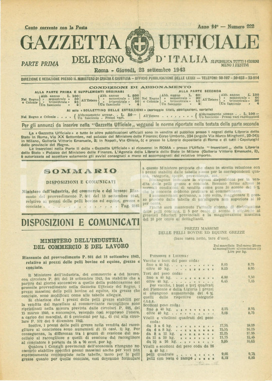 1943 GAZZETTA UFFICIALE WWII Prezzi delle pelli bovine ed equine grezze conciate