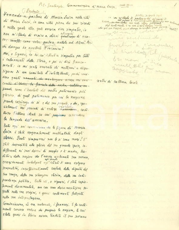 1947 PARMA Discorso commemorativo di Maria Luisa d'AUSTRIA Manoscritto INEDITO