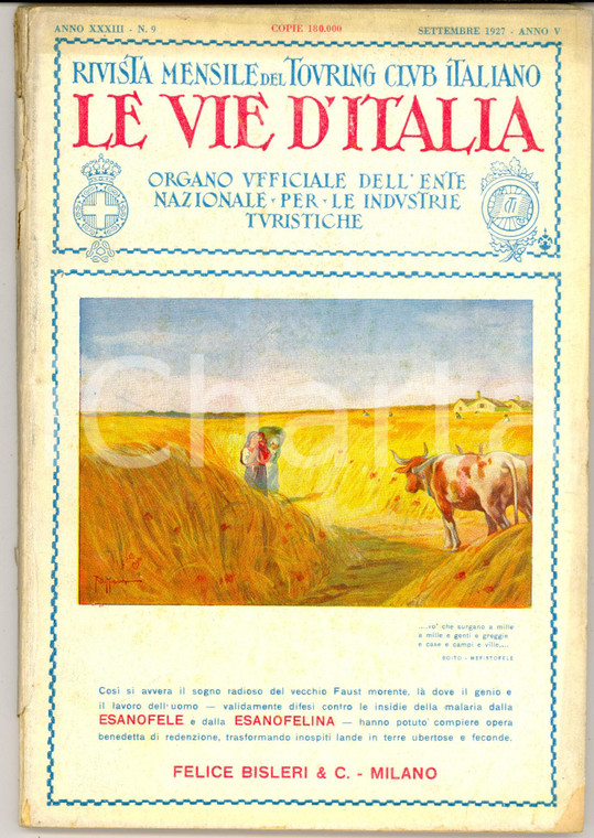 1926 LE VIE D'ITALIA TCI XIV volume Guida d'ITALIA *Anno XXXII n°9 BISLERI& C.