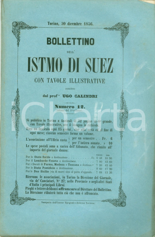 1856 BOLLETTINO DELL'ISTMO DI SUEZ 12 Bosforo di SUEZ e ferrovia di SAVONA