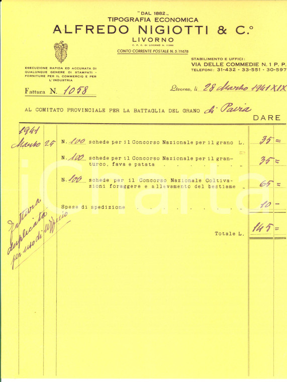 1941 LIVORNO Tipografia ALFREDO NIGIOTTI & C. per la battaglia del grano