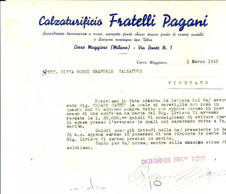 1948 CERRO MAGGIORE (MI) Calzaturificio FRATELLI PAGANI promette un pagamento