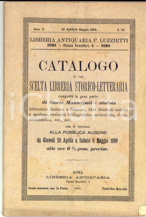 1899 ROMA Pio LUZZIETTI Catalogo libreria di storie municipali e statuti