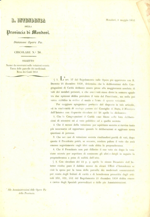 1852 MONDOVI' (CN) Votazioni segrete per le Congregazioni di Carità *Documento