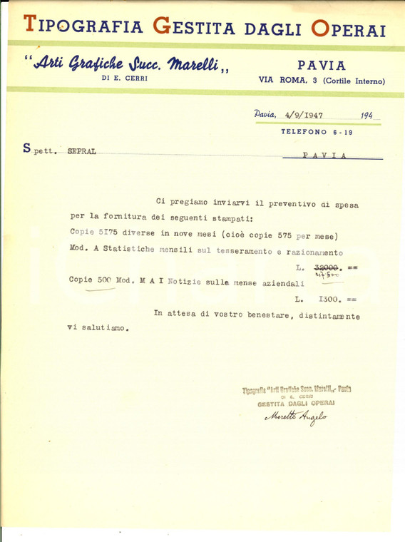1947 PAVIA Tipografia gestita dagli operai succ. MARELLI *Preventivo