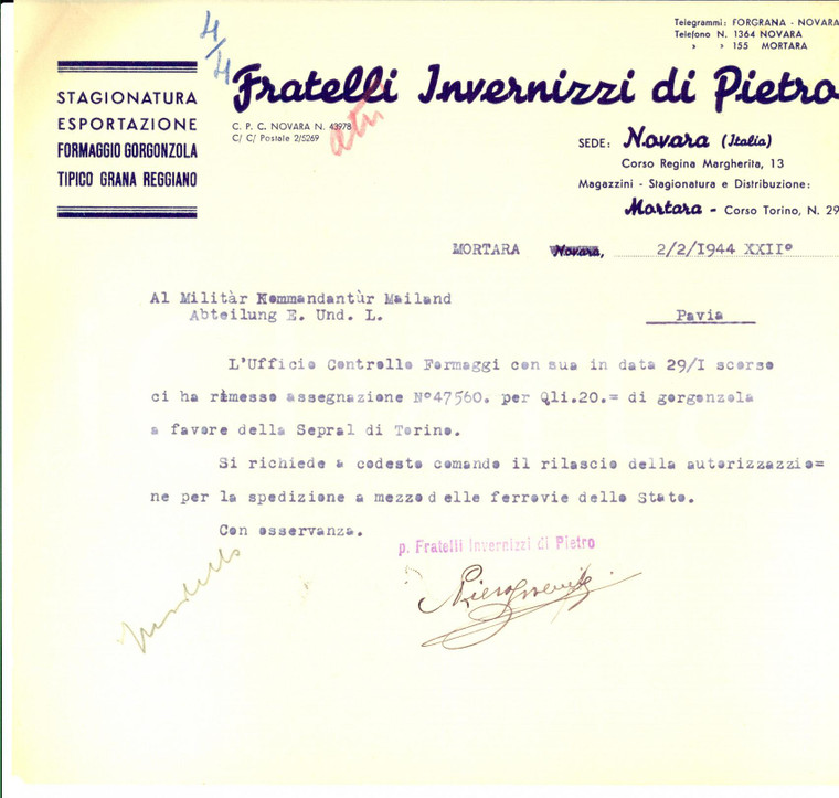 1944 WW2 NOVARA Ditta INVERNIZZI chiede autorizzazione per spedire gorgonzola