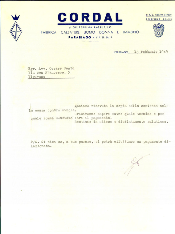 1949 PARABIAGO (MI) Fabbrica calzature CORDAL - Lettera per sentenza