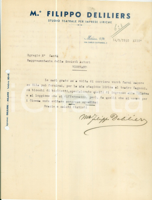1935 MILANO Filippo DELILIERS chiede biglietti per teatro CAGNONI *Autografo