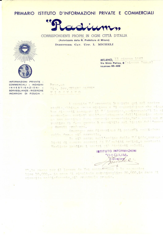 1947 MILANO Ditta RADIUM Istituto d'Informazioni private e commerciali *Lettera