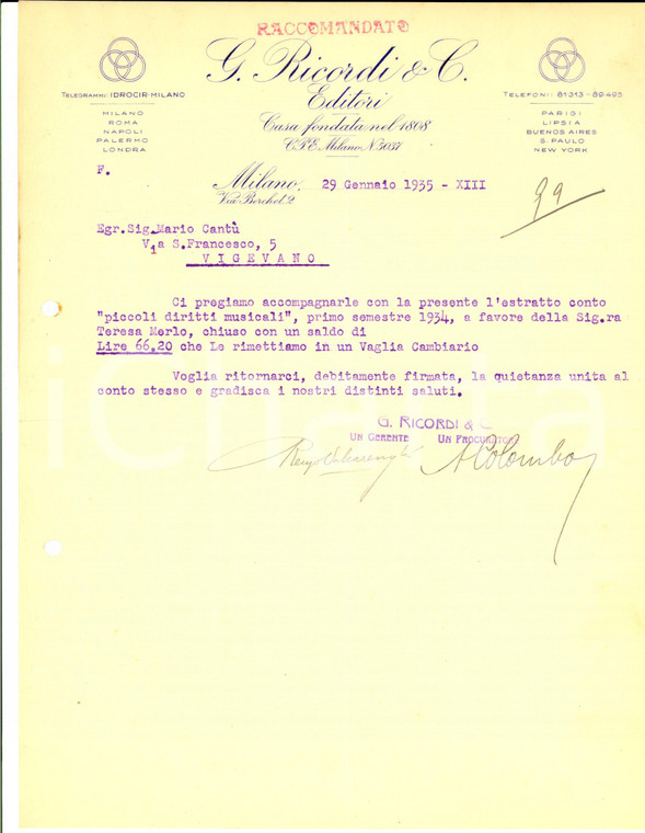 1935 MILANO Editori RICORDI su diritti a Teresa MERLO erede Antonio CAGNONI