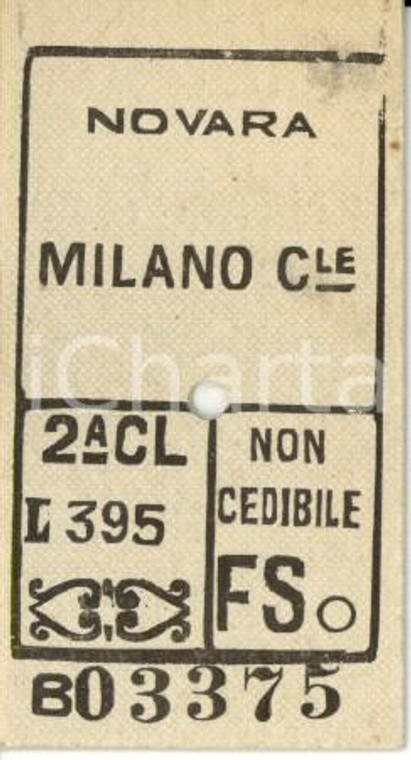 1949 FF.SS. NOVARA - MILANO CENTRALE Biglietto ferroviario di 2^ classe