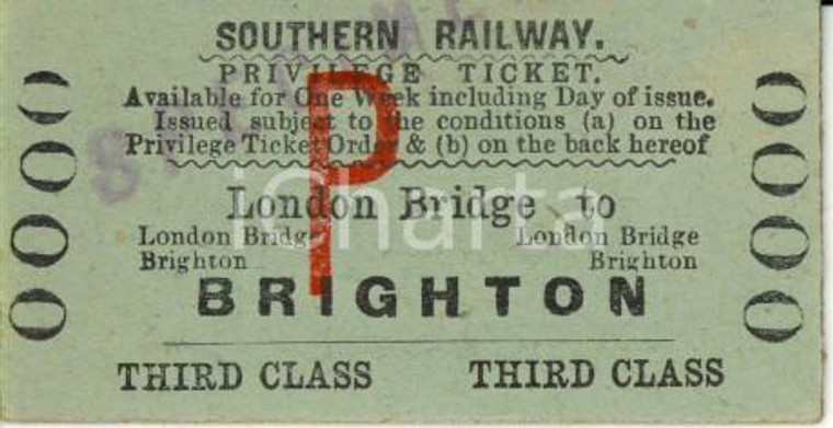 1950 ca SOUTHERN RAILWAY LONDON BRIDGE - BRIGHTON Biglietto di terza classe