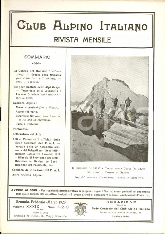 1920 RIVISTA CLUB ALPINO ITALIANO CAI Il Gruppo della MEIDASSA *N° 1-3