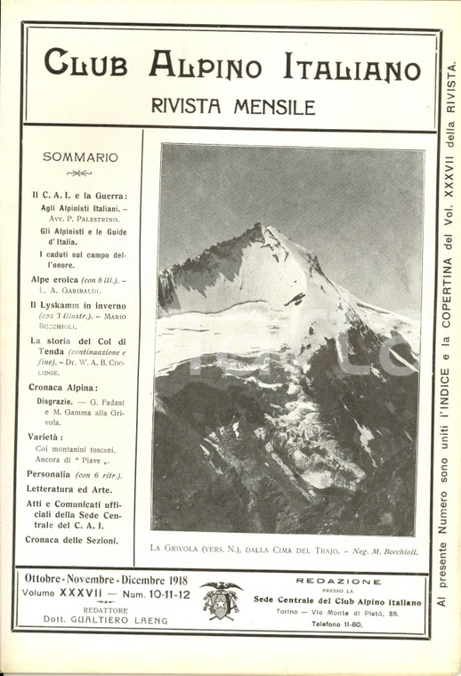 1918 RIVISTA CLUB ALPINO ITALIANO CAI Gran SAN BERNARDO Alpe eroica *N° 10-12