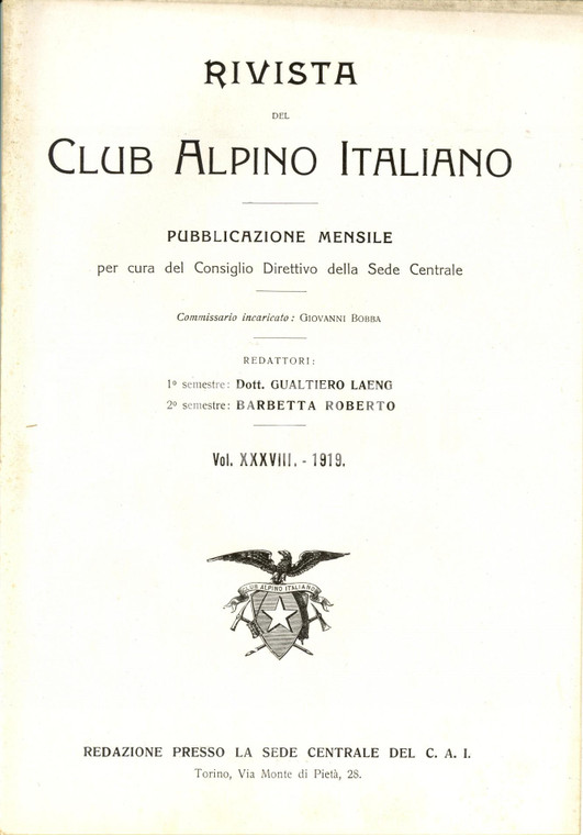 1919 RIVISTA CLUB ALPINO ITALIANO CAI Indice generale del volume XXXVIII