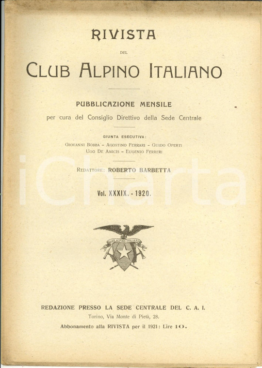 1920 RIVISTA CLUB ALPINO ITALIANO CAI Indice generale del volume XXXIX