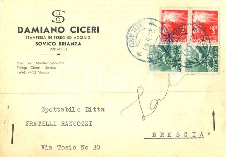 1947 SOVICO (MB) Damiano CICERI Stamperia in ferro ed acciaio *Cartolina FG VG