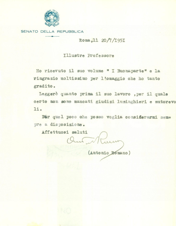1951 ROMA Senatore Antonio ROMANO ringrazia SANTANGELO per l'invio di un'opera