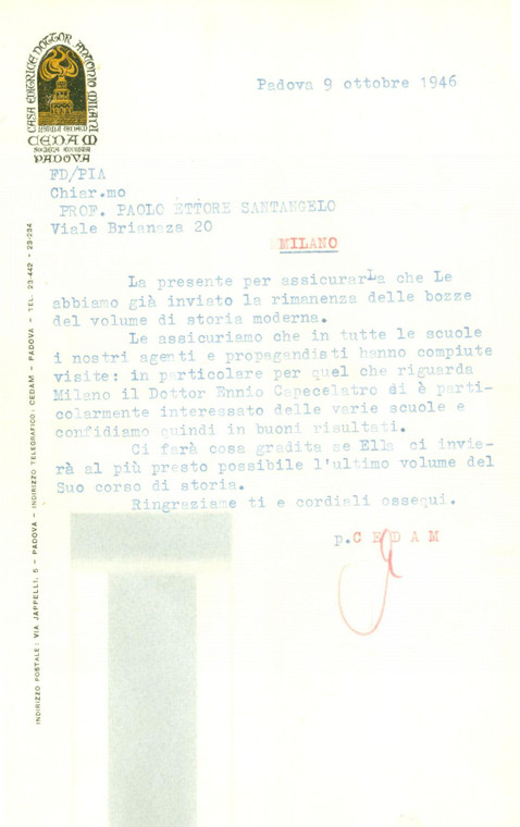 1946 PADOVA Editore CEDAM Ennio CAPECELATRO cerca di diffondere opera SANTANGELO