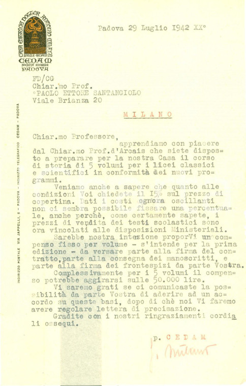 1942 PADOVA Casa Editrice CEDAM propone contratto a Paolo Ettore SANTANGELO