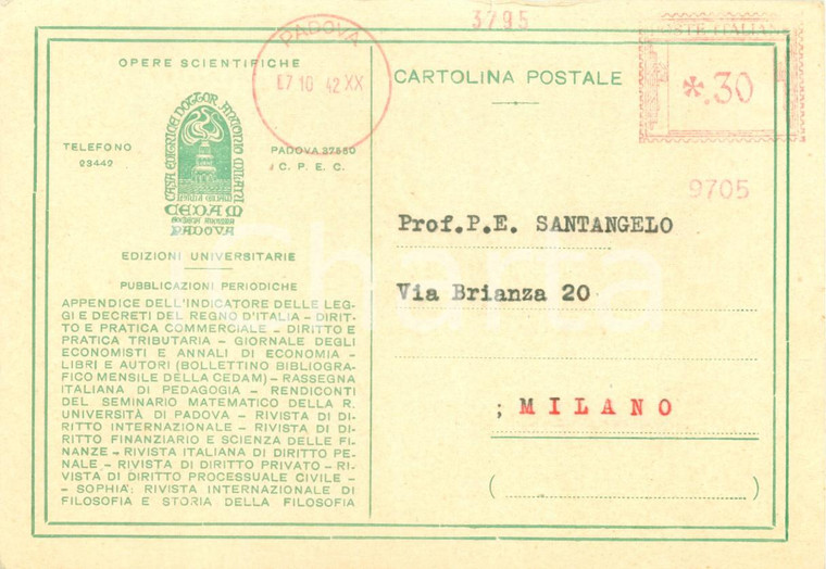 1942 PADOVA Casa Editrice CEDAM attende manoscritto di Paolo Ettore SANTANGELO