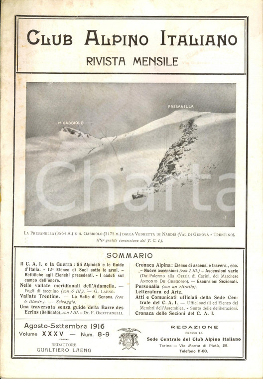 1916 RIVISTA CLUB ALPINO ITALIANO CAI Vallate meridionali dell'ADAMELLO *N° 8-9